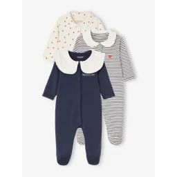 Lot de 3 dors-bien coeur bébé en interlock bleu nuit