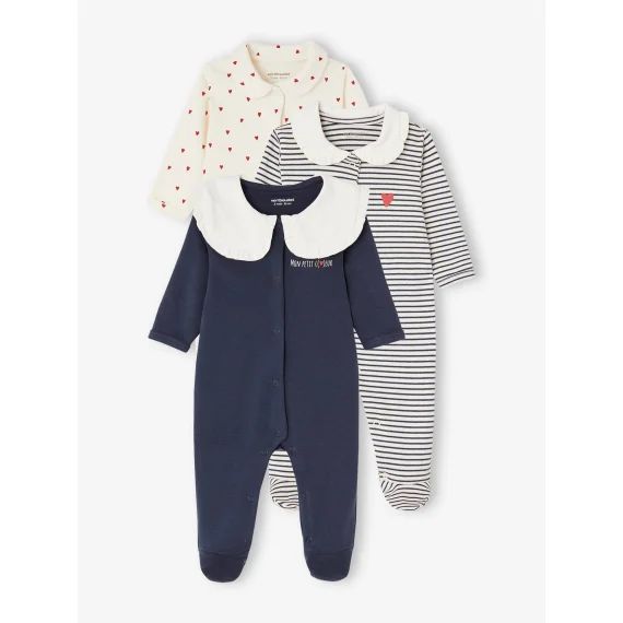 Lot de 3 dors-bien coeur bébé en interlock bleu nuit