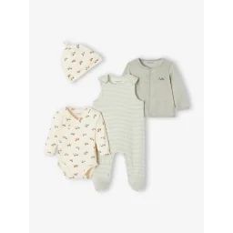 Ensemble naissance body + salopette + bonnet + gilet personnalisable vert d’eau