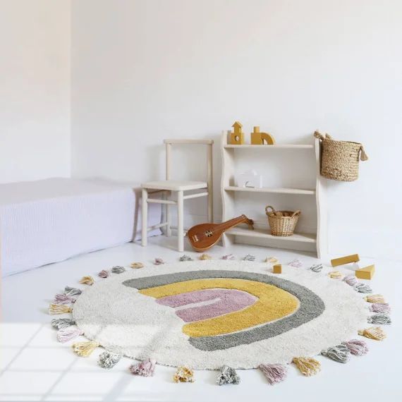 Tapis Enfant Arc En Ciel Avec Pompons Rainbow Multicolore