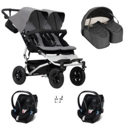 Poussette Double Mountain Buggy Duet V3.2 – Silver + Cocoon Jumeaux + 2 Coques Auto Cybex Aton 5 – Deep Black