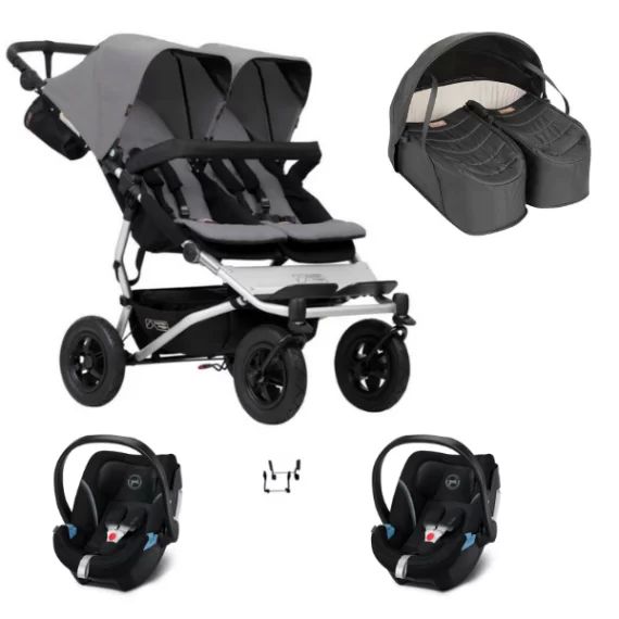 Poussette Double Mountain Buggy Duet V3.2 – Silver + Cocoon Jumeaux + 2 Coques Auto Cybex Aton 5 – Deep Black