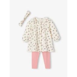 Ensemble bébé robe + legging + bandeau écru