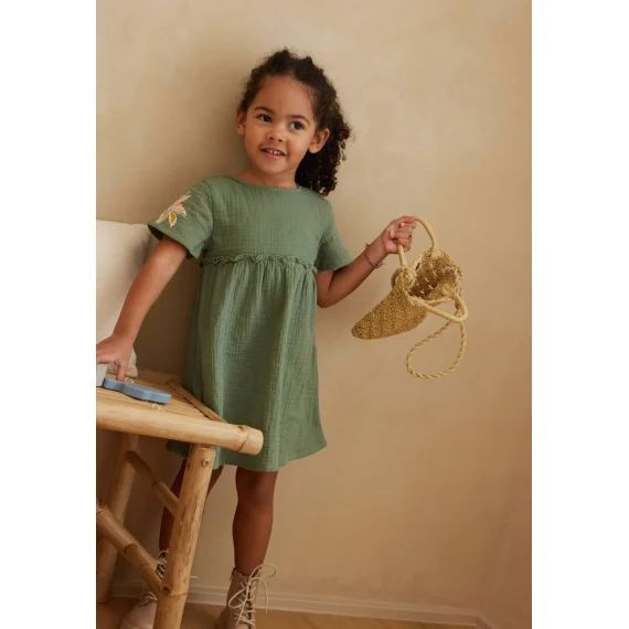 Robe Enfant En Gaze De Coton + Chouchou Pivoina Kaki
