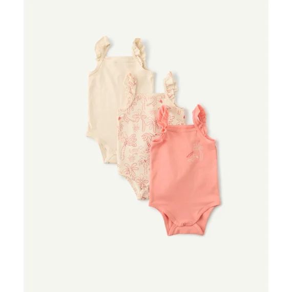 Lot de 3 bodys bébé en coton bio rose et écru thème toucan