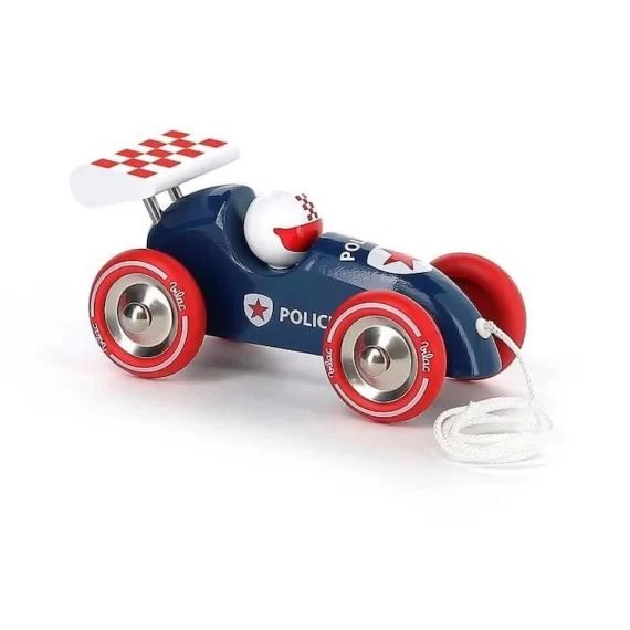 Voiture de course à trainer – VILAC – Police – Bois – Bleu, rouge et blanc bleu