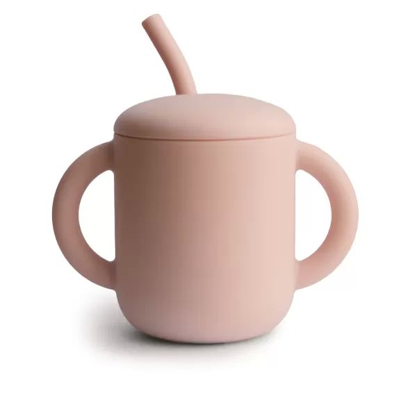 Gobelet d&rsquo;apprentissage en silicone rose avec paille
