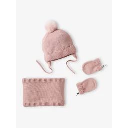 Ensemble bébé fille bonnet + snood + moufles rose poudré