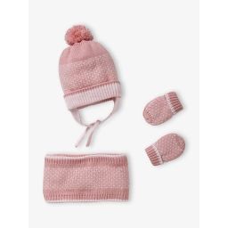 Ensemble en maille jacquard bonnet + snood + moufles bébé fille rose