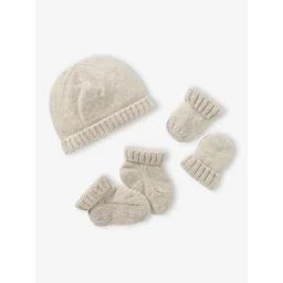 Ensemble naissance en tricot bonnet + moufles + chaussons beige chiné