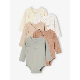 Lot 5 bodies manches longues bébé ouverture naissance en coton bio beige