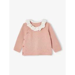 Pull bébé avec col en broderie anglaise rose