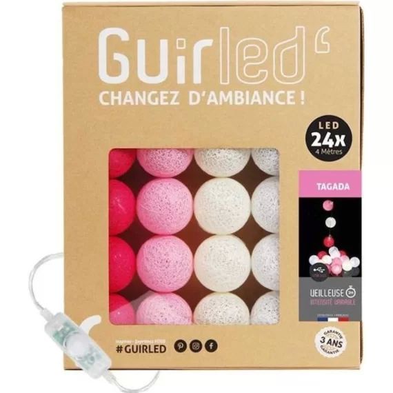 Guirlande lumineuse boules coton LED USB – Veilleuse bébé 2h – 3 intensités – 24 boules 2,4m – Tagada rouge
