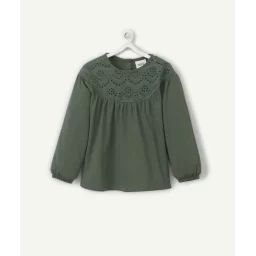 T-shirt vert bébé fille en coton bio et broderie anglaise –  – Soldes