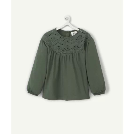 T-shirt vert bébé fille en coton bio et broderie anglaise –  – Soldes