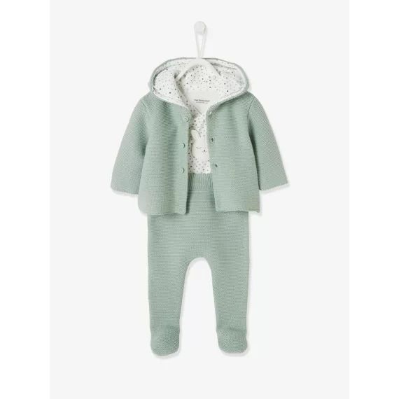 Ensemble naissance 3 pièces point mousse tilleul