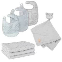 ROBA Coffret Bébé Lil Planet : 3x Bavoirs + Doudou + 3x Couches Lavables – Gris Argenté gris