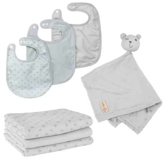 ROBA Coffret Bébé Lil Planet : 3x Bavoirs + Doudou + 3x Couches Lavables – Gris Argenté gris