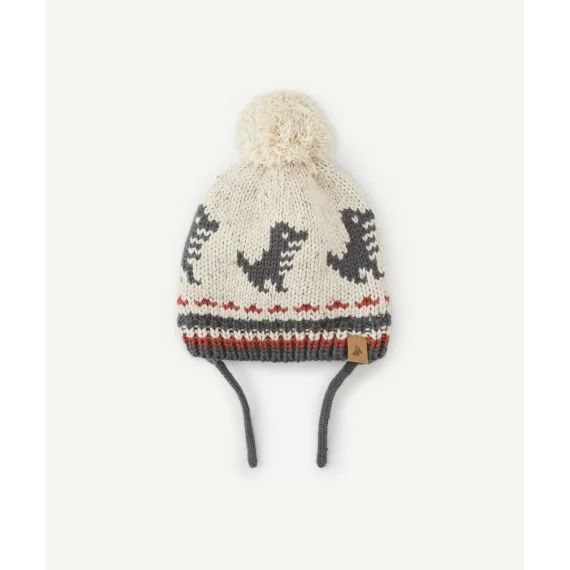 Bonnet tricot bébé garçon en fibres recyclées beige avec motifs et pompon