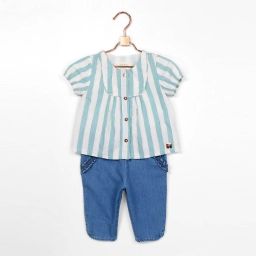 Blouse rayée percale de coton Fille Vert
