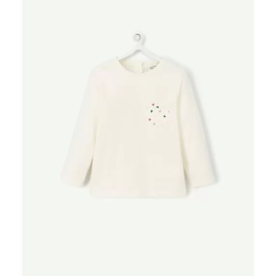 T-shirt bébé fille écru avec motifs coeurs sur la poche –  – Soldes