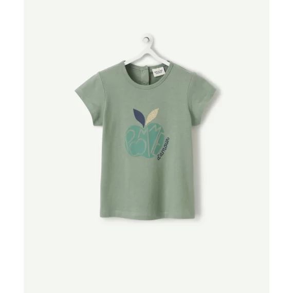 T-shirt bébé fille en coton biologique vert avec pomme imprimé –  – Soldes