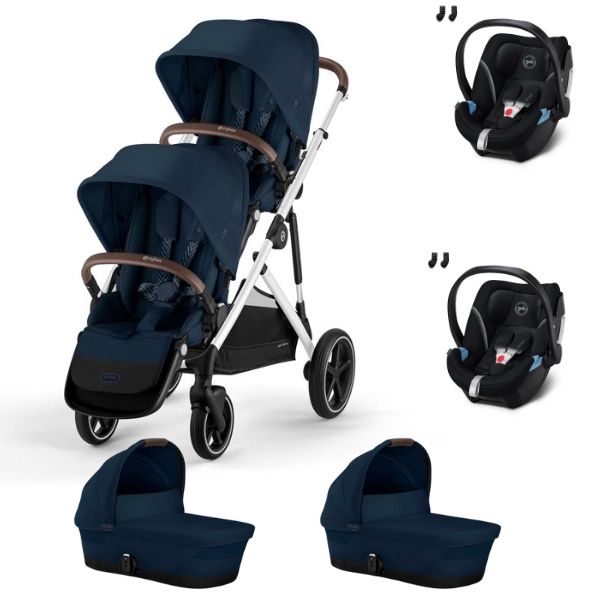 Poussette Double Cybex Gazelle S – Châssis Silver + Nacelles – Ocean Blue + Coques Auto Aton 5 – Deep Black (2023)