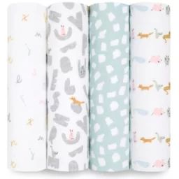 Lot de 4 maxi langes en coton Alphabet animals (112 x 112 cm)