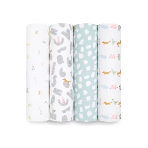 Lot de 4 maxi langes en coton Alphabet animals (112 x 112 cm)