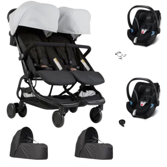 Poussette Double Mountain Buggy Nano Duo – Silver + 2 Cocoon V2 + 2 Coques Auto Cybex Aton 5 – Deep Black