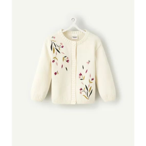 Gilet bébé fille en coton bio écru avec fleurs brodées –  – Soldes