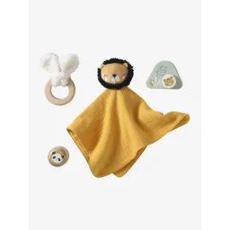 Coffret cadeau 4 pièces : doudou personnalisable + anneau de dentition + hochet + boîte à musique en bois FSC® tanzanie