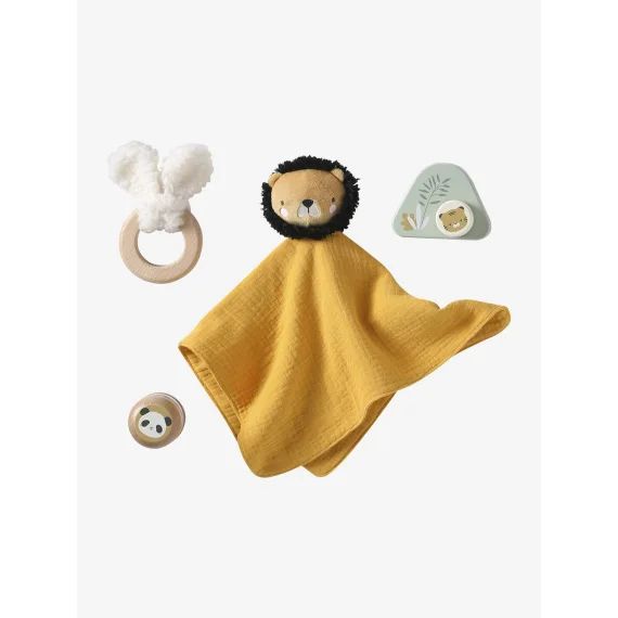 Coffret cadeau 4 pièces : doudou personnalisable + anneau de dentition + hochet + boîte à musique en bois FSC® tanzanie