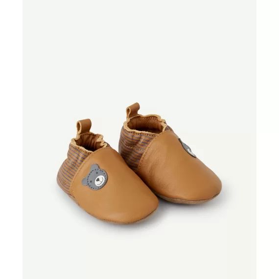 Chaussons bébé en cuir camel avec oursons gris doubear