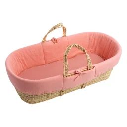 Couffin Bébé En Fibres Naturelles Avec Habillage Tissu Rose