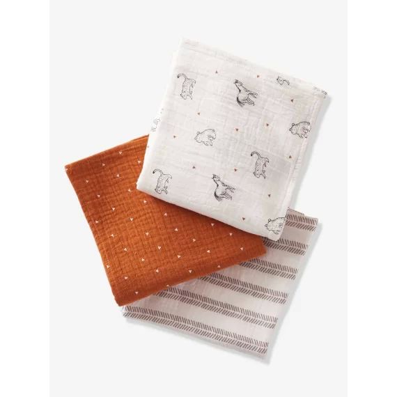 Lot de 3 langes en gaze de coton bio* PETIT NOMADE écru / multicolore