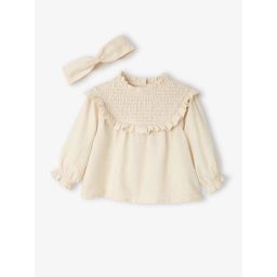 Blouse à smocks bébé et son bandeau assorti vanille