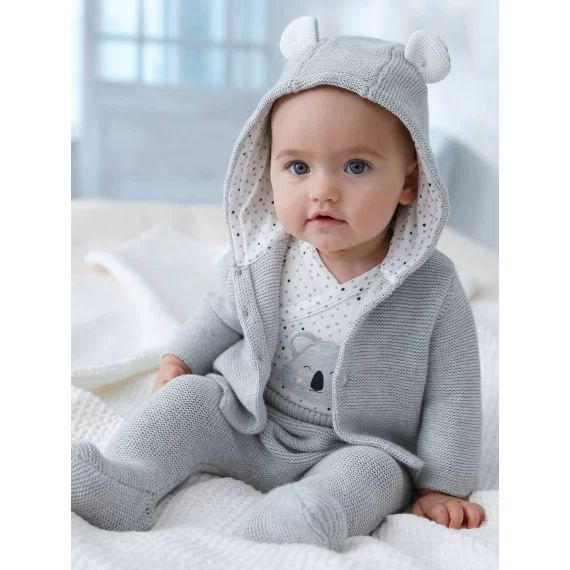 Ensemble naissance 3 pièces point mousse gris clair