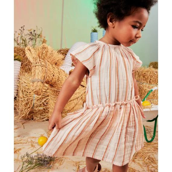 Robe bébé fille en coton rose avec rayures colorées –  – Soldes