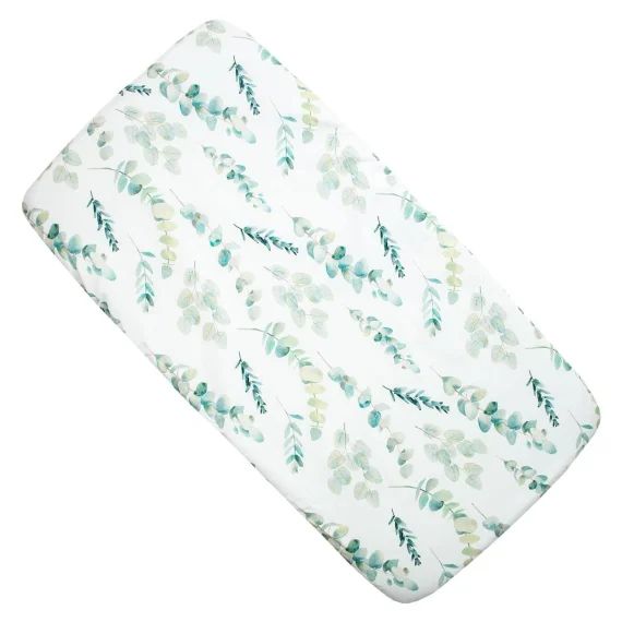 Drap Housse Berceau En Coton Eucalyptus Blanc Imprimé Eucalyptus
