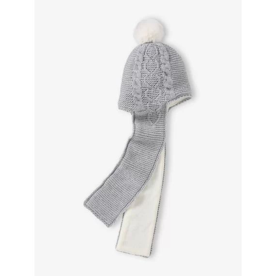 Bonnet/écharpe 2 en 1 torsades et coeurs bébé gris chiné
