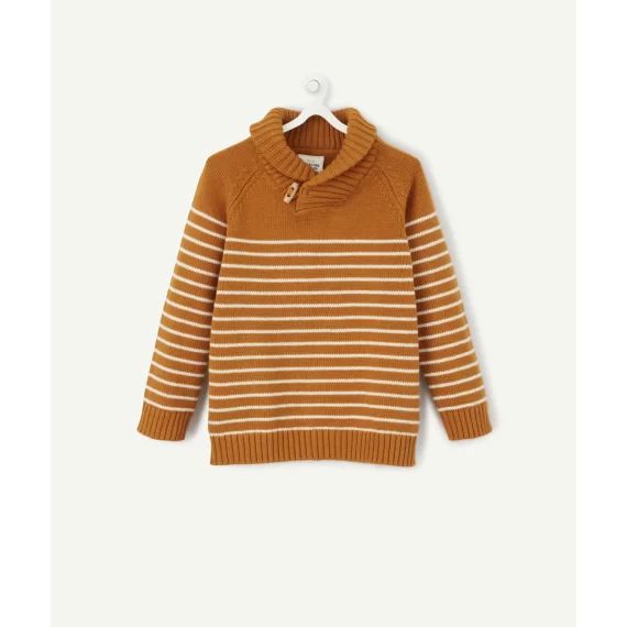 Pull en tricot rayé ocre bébé garçon avec col montant –  – Soldes