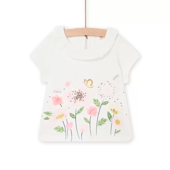 T-shirt Animations Fleurs Col Volanté Bébé Fille – Ecru