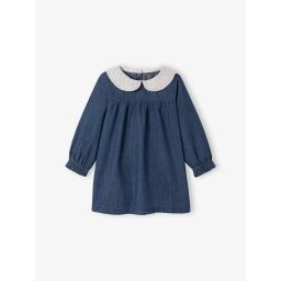 Robe en denim bébé col en voile brodé stone