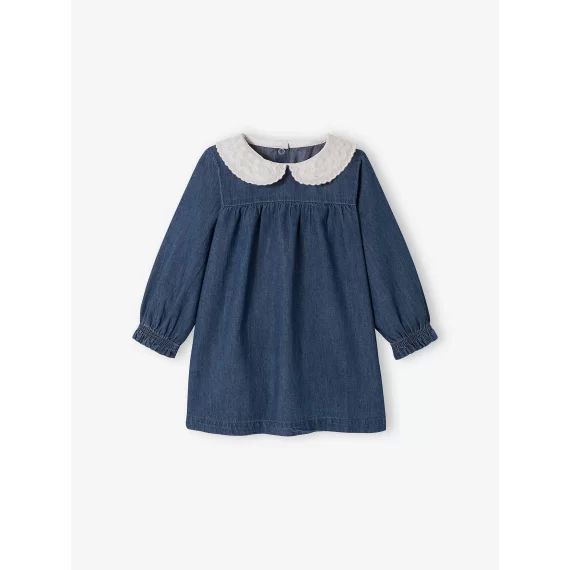 Robe en denim bébé col en voile brodé stone