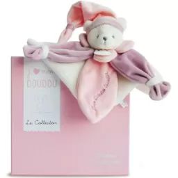 Coffret doudou pétale J&rsquo;aime mon doudou ours rose (24 cm)