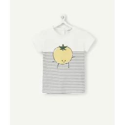 T-shirt bébé fille en coton bio écru rayé et tomate jaune –  – Soldes