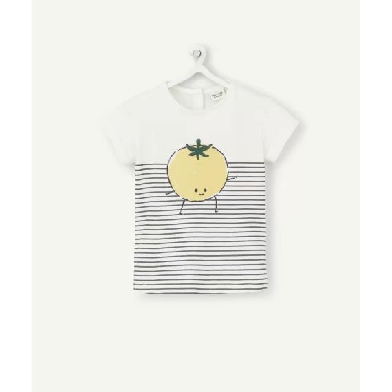 T-shirt bébé fille en coton bio écru rayé et tomate jaune –  – Soldes
