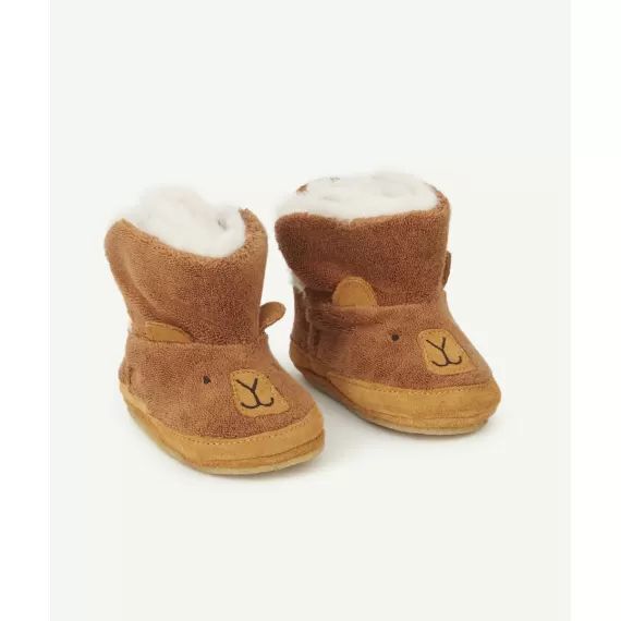 Chaussons bébé en cuir et fourrure marron –  – Soldes