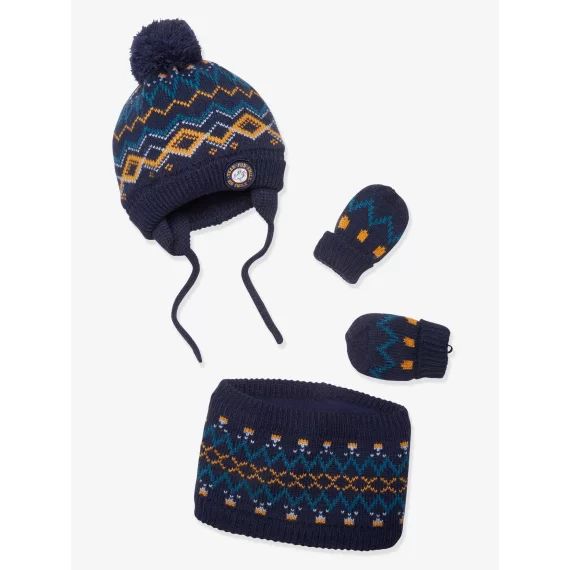 Ensemble bonnet + snood + moufles bébé garçon marine imprimé